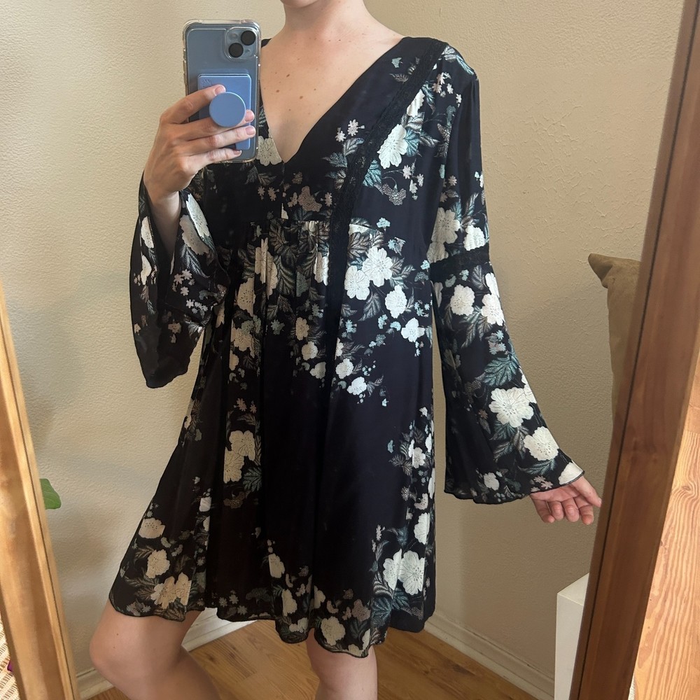 Johnny Was Black Floral Long Sleeve Dress